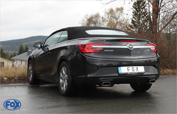 FOX Edelstahl Duplex Racing-Komplettanlage ab Kat. Opel Cascada Benzin je 145x65mm trapezförmig eingerollt abgeschrägt