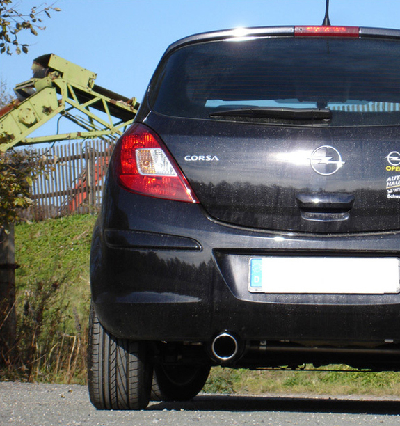Fox Edelstahl Sportauspuff-Komplettanlage ab Kat Opel Corsa D mit Serienheck 1x90mm rund eingerollt gerade mit Absorber: OP033011-071ANL