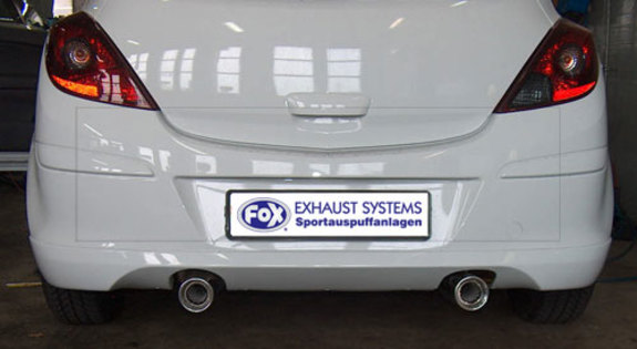 Fox Edelstahl Duplex Racing-Komplettanlage ab Kat Opel Corsa D mit Sportheckstoßstange je 90mm rund eingerollt mit Absorber: OP033073-071ANLR