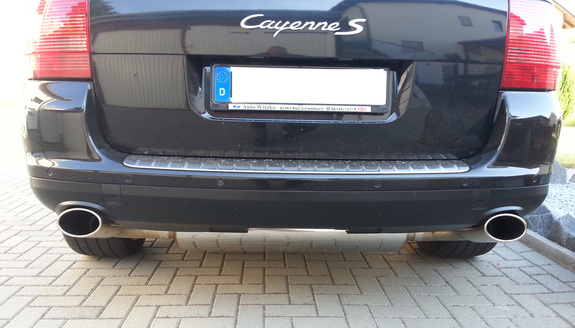 Fox Edelstahl Duplex Sportauspuff-Komplettanlage ab Kat Porsche Cayenne 9PA 4.5l je 140x90mm oval eingerollt abgeschrägt: PO100003-351ANL