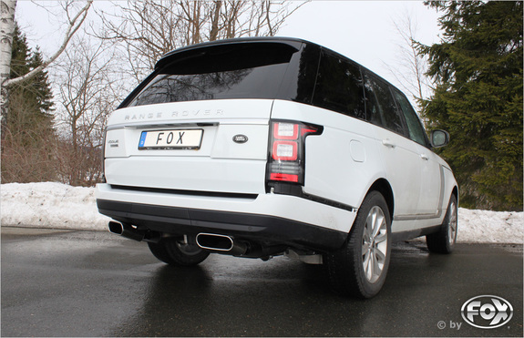 Fox Edelstahl Duplex Sportauspuff-Komplettanlage ab Kat Land Rover Range Rover MK 4 5.0l ab 2012 je 220x80mm flachoval eingerollt seitlich abgeschrägt: LR013003-750ANL