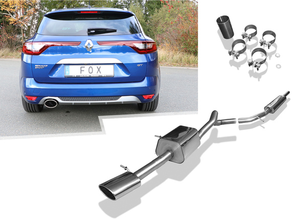 FOX Edelstahl Sportauspuff-Komplettanlage ab Kat Renault Megane 4 Grandtour 1.6 GT TCe 205 EDC 140x90mm oval eingerollt abgeschrägt
