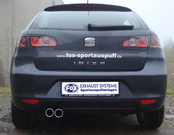 Fox Edelstahl Racing-Komplettanlage ab Kat Seat Ibiza 3 Typ 6L inkl. Sport (Mod. ohne Sport Endrohrausschnitt) 2x70mm rund eingerollt mit Absorber: SE022021-065ANLR