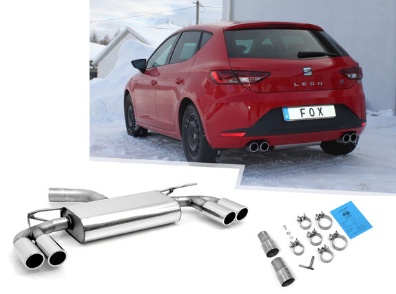 Fox Edelstahl Duplex Sportauspuff Seat Leon 5F 1.2l 1.4l + 1.6-2.0l TDI ab 2012 (Mod. mit Einzelradaufhängung) je 2x80mm rund eingerollt abgeschrägt: SE042015-130 Fox Edelstahl Duplex Sportauspuff Seat Leon 5F 1.2l 1.4l + 1.6-2.0l TDI ab 2012 (Mod. mit Einzelradaufhängung) je 2x80mm rund eingerollt abgeschrägt: SE042015-130