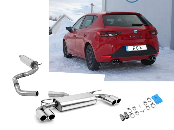 Fox Edelstahl Duplex Sportauspuff-Komplettanlage ab Kat Seat Leon 5F 1.2l 1.4l + 1.6-2.0l TDI ab 2012 (Mod. mit Starrachse) je 2x80mm rund eingerollt abgeschrägt: SE042095-130ANL