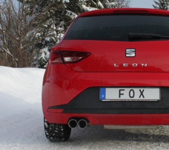 Fox Edelstahl Racing-Komplettanlage ab Kat Seat Leon 5F 1.2l 1.4l + 1.6-2.0l TDI ab 2012 (Mod. mit Starrachse) 2x80mm rund doppelwandig abgeschrägt: SE042087-290ANLR