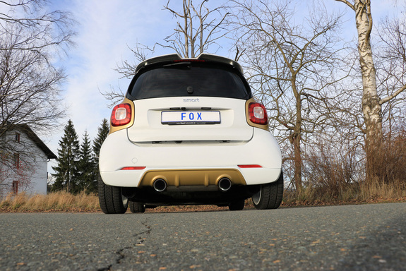 FOX Edelstahl Duplex Sportauspuff Smart Fortwo 3 Typ 453 ab 2014 für Brabus Heckansatz je 100mm rund doppelwandig abgeschrägt