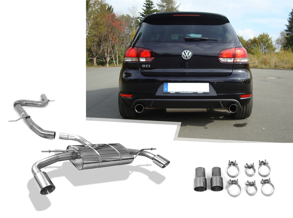 Fox Edelstahl Duplex Racing-Komplettanlage ab Kat. VW Golf 6 GTI je 100mm rund scharf doppelwandig abgeschrägt