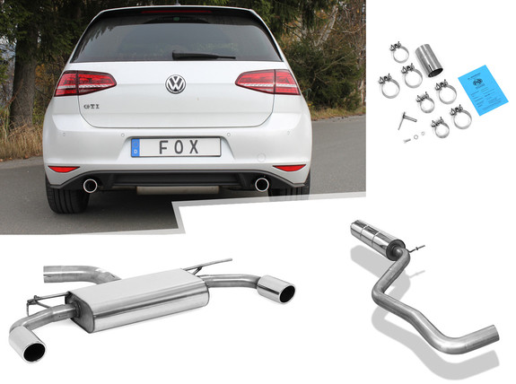 Fox Edelstahl Duplex Sportauspuff-Komplettanlage ab Kat VW Golf 7 GTI je 90mm rund eingerollt abgeschrägt