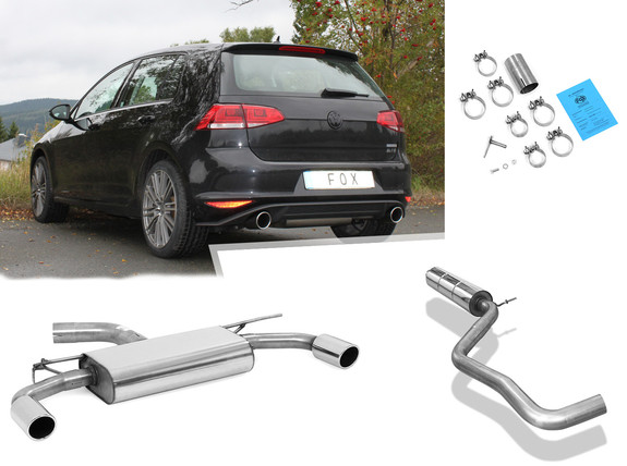 Fox Edelstahl Duplex Sportauspuff-Komplettanlage ab Kat VW Golf 7 GTI je 100mm rund eingerollt abgeschrägt