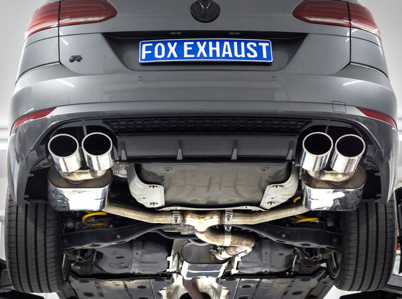 FOX Edelstahl Duplex Sportauspuff-Komplettanlage ab Kat VW Golf 7 R Variant Facelift je 2x106x71mm oval eingerollt abgeschrägt: VW056243-346ANL