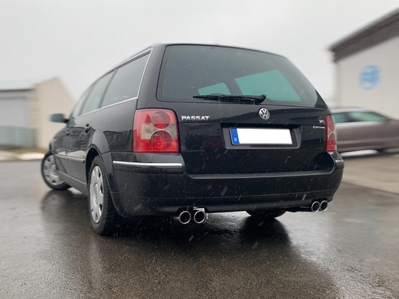 Fox Edelstahl Duplex Sportauspuff-Komplettanlage ab Kat VW Passat 3B 3BG 4Motion 2x76mm rund eingerollt abgeschrägt: VW023053-128ANL