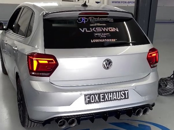 FOX Edelstahl Duplex Sportauspuff-Komplettanlage VW Polo AW 1.0 TSI je 2x100mm rund doppelwandig abgeschrägt: VW045043-294ANL