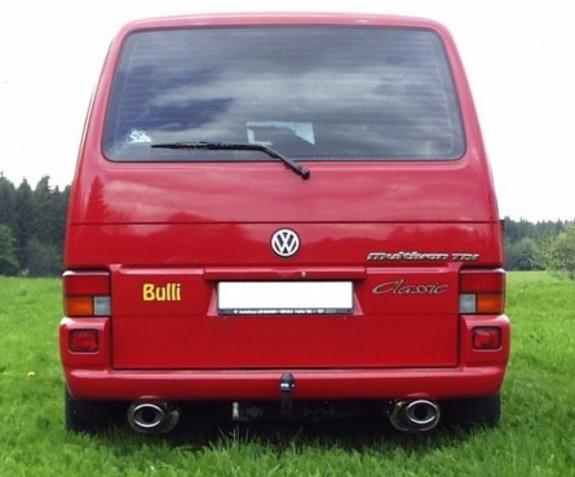 Fox Edelstahl Duplex Sportauspuff-Komplettanlage ab Kat VW T4 Bus Transporter Caravelle Multivan 115x85mm oval eingerollt abgeschrägt mit Absorber: VW130093-367ANL