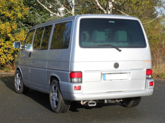 Fox Edelstahl Sportauspuff-Komplettanlage ab Kat VW T4 Bus Transporter Caravelle Multivan 160x80mm flachoval eingerollt abgeschrägt mit Absorber: VW130101-597ANL