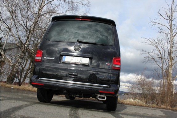 Fox Edelstahl Sportauspuff-Komplettanlage ab Kat VW T5 4motion Caravelle Kombi Multivan 160x80mm flachoval eingerollt abgeschrägt mit Absorber: VW131022-597ANL1