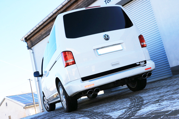 FOX Edelstahl Duplex Racing-Komplettanlage ab Kat VW T5 Bus je 2x115x85mm oval eingerollt abgeschrägt: VW131004-348ANLR1