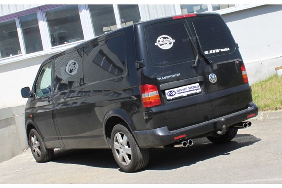 Fox Edelstahl Duplex Sportauspuff-Komplettanlage ab Kat VW T5 Bus 2x80mm rund eingerollt gerade mit Absorber: VW131004-070ANL1