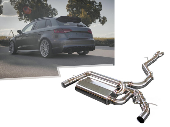 Hurricane V2 Edelstahl Duplex Sportauspuff-Komplettanlage ab Kat mit Klappensteuerung Ø89mm Audi RS3 8V Sportback Facelift inkl. Endrohrsatz nach Wahl: HE-AURS3-2-V2ANL