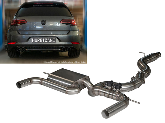Hurricane V2 Edelstahl Duplex Sportauspuff-Komplettanlage ab Kat mit Klappensteuerung Ø89mm VW Golf 7 R Facelift 310PS inkl. Endrohrsatz nach Wahl: HE-VWG7-8-2-V2ANL Hurricane V2 Edelstahl Duplex Sportauspuff-Komplettanlage ab Kat mit Klappensteuerung Ø89mm VW Golf 7 R Facelift 310PS inkl. Endrohrsatz nach Wahl: HE-VWG7-8-2-V2ANL