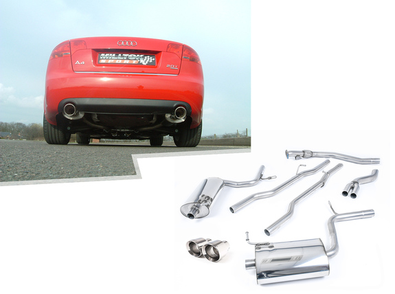 Milltek Edelstahl Duplex Racing-Komplettanlage ab Kat Audi A4 B7 2.0l TFSI quattro je 100mm rund doppelwandig abgeschrägt (Mod. mit Schaltgetr.)