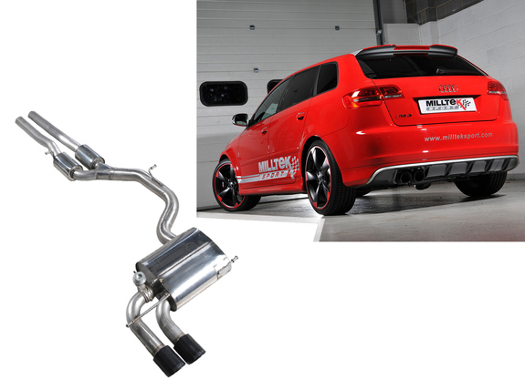 Milltek Edelstahl Sportauspuff-Komplettanlage ab Kat Audi RS3 8P Sportback 2x90mm rund doppelwandig abgeschrägt in schwarz