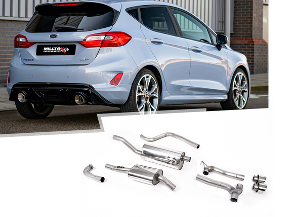Milltek Edelstahl Duplex Sportauspuff-Komplettanlage ab Kat Ford Fiesta Mk8 1.0l Ecoboost ST-Line je 100mm rund doppelwandig abgeschrägt