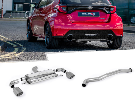 Milltek Edelstahl Duplex Racing-Komplettanlage ab OPF Toyota Yaris 1.6l GR Typ XP21 je 115mm rund doppelwandig abgeschrägt Titan matt: SSXTY129