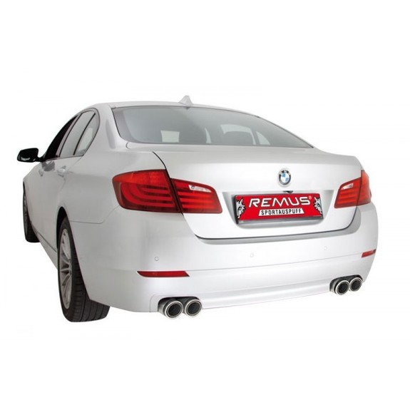 Remus Edelstahl Duplex Sportauspuff BMW 5er F10 F11 520i-528i Limousine u. Touring je 2x84mm Carbon Race rund eingerollt abgeschrägt: 0871121584CS