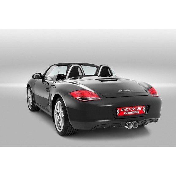 Remus Edelstahl Komplettanlage ab Vorkat Mittig Porsche Boxster S Typ 987 2x98mm Street Race rund eingerollt mit scharfkantigem Innenrohr und Carbonschriftzug