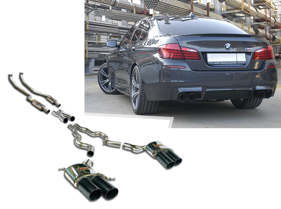 Supersprint Edelstahl Duplex Sportauspuff-Komplettanlage ab Kat BMW F10 M5 je 2x100mm rund eingerollt abgeschrägt schwarz: 986756_986776ANL